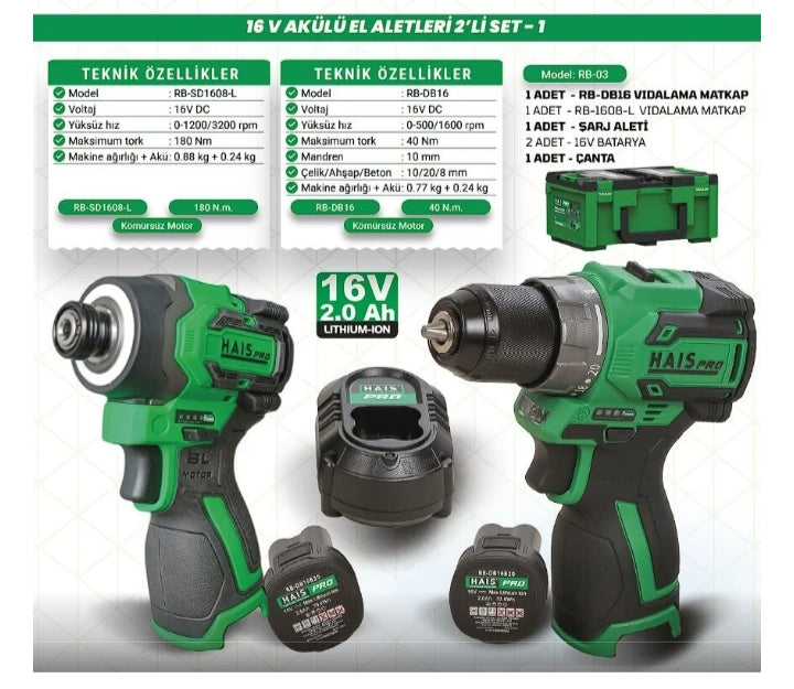 HaisPro Akülü Set - 2'li Profesyonel 16V Akülü Set + 2X2 Ah Çift Akü - RB-03